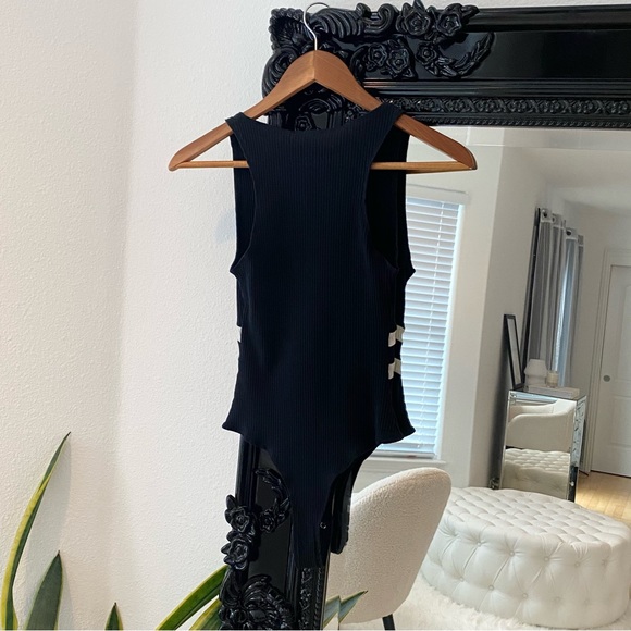 Revamped | Women’s Black Striped Plunge Ribbed Thong Bodysuit - Picture 2 of 4